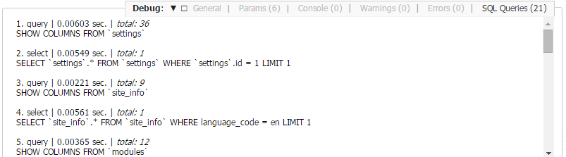 ApPHP MVC Framework - debug panel